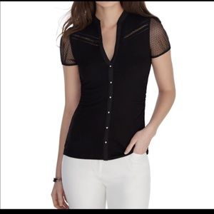 NEW WHBM SHORT SLEEVE MESH TRIM SHIRT